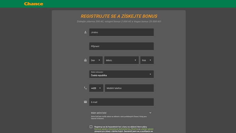 Registrační formulář u Chance