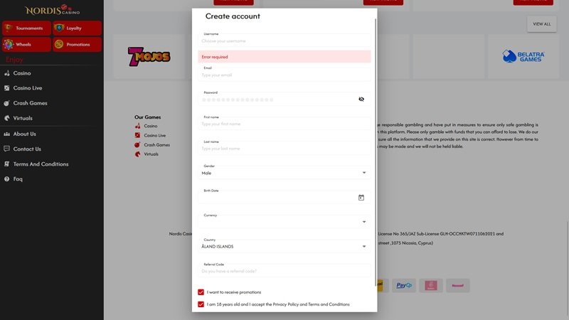 Nordis Casino registrační formulář