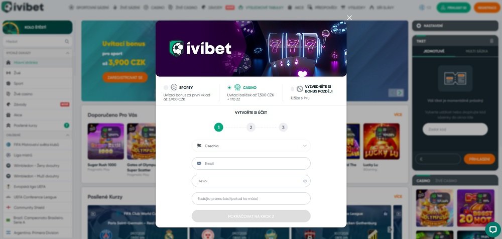 Vorschau des Registrierungsformulars der Ivibet-Plattform mit der Möglichkeit eines Willkommensbonus für Casino-Spieler und Sportwetter