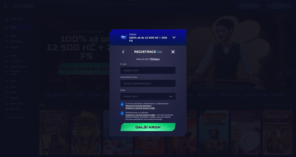 Náhled registračního formuláře s bohatým uvítacím bonusem pro nové hráče v online casinu Sportaza