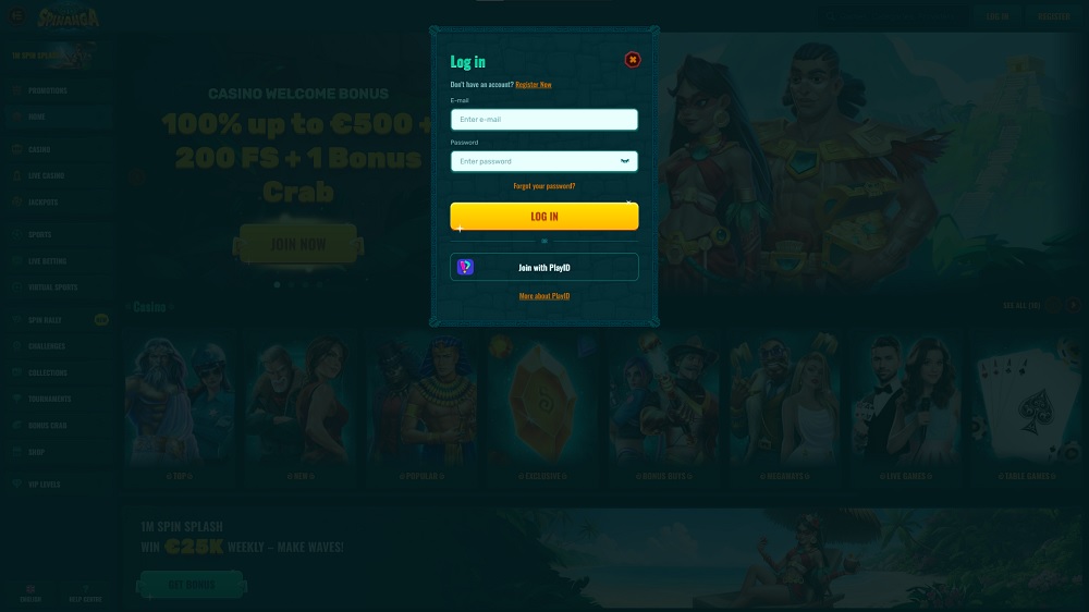 Preview of the login form at Spinanga online casino