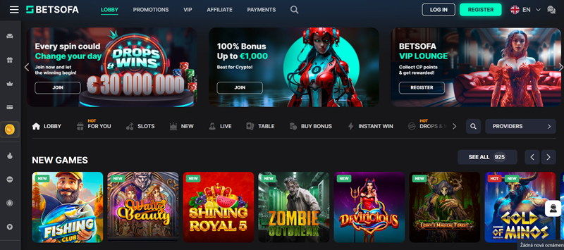 Betsofa Casino úvodní stránka