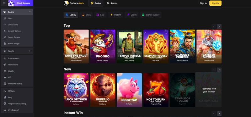 FortuneJack casino úvodní strana