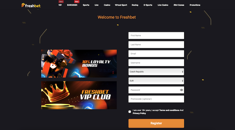 Registrace na platformě Freshbet