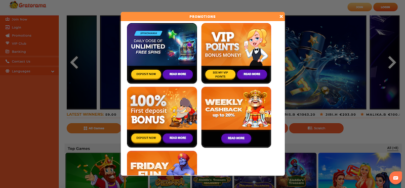 Bonus offers at online casino Gratorama