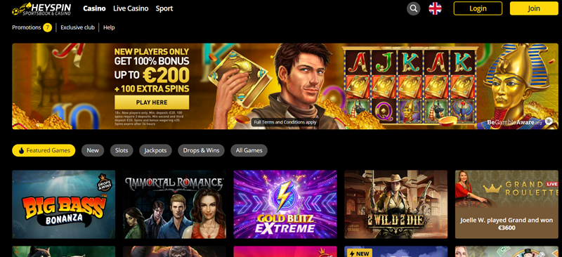HeySpin casino uvodni stranka