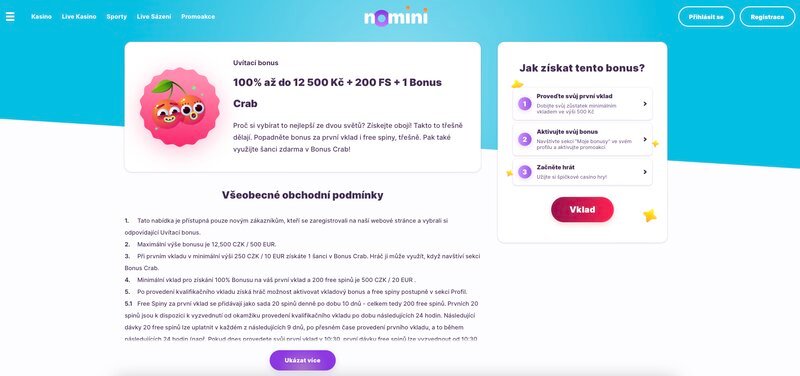 Vstupní bonus v online casinu Nomini