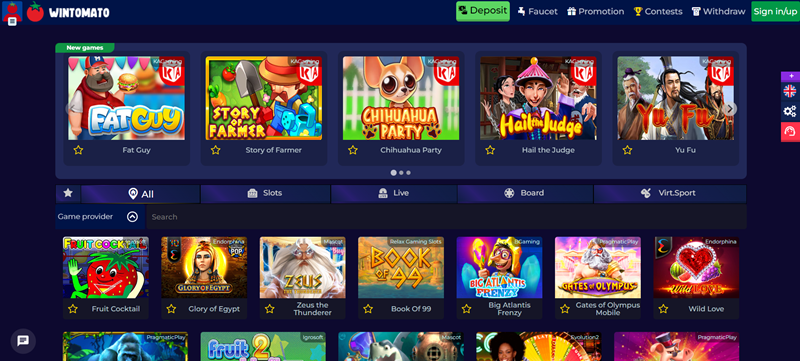 Wintomato casino úvodní strana