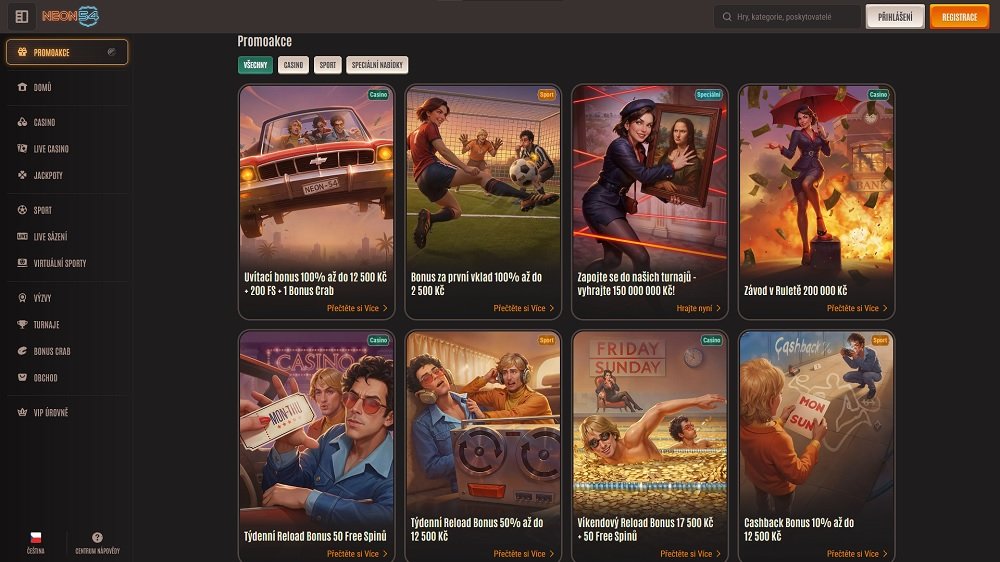 Náhled bonusů a promoakcí v online casinu a sázkové kanceláři Neon54
