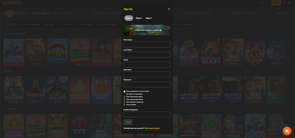Registrace v casinu Slotastic