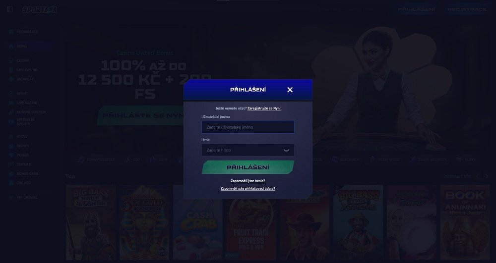 Náhled přihlašovacího formuláře online casina Sportaza