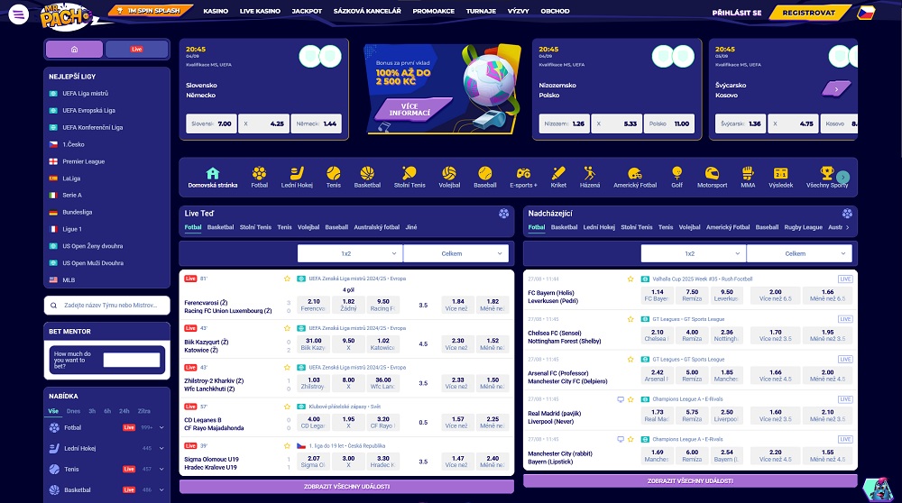 Náhled sportovní sekce v sázkové kanceláři MrPacho