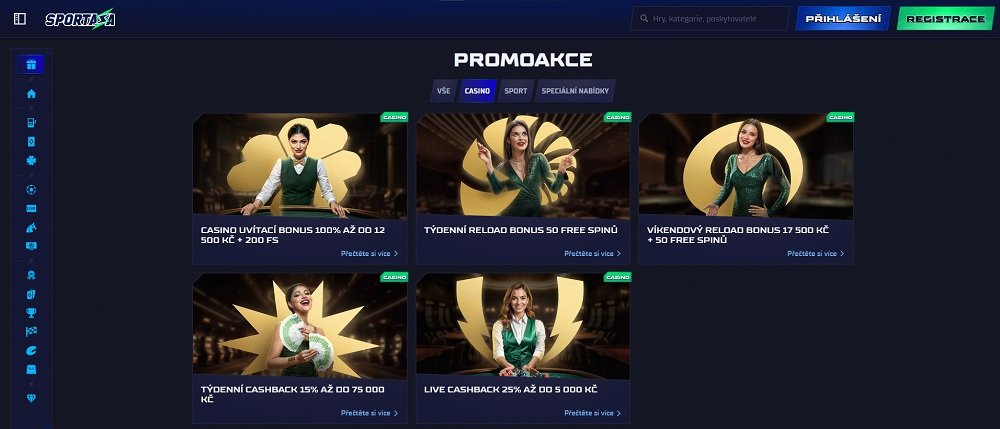 Náhled bonusů a promoakcí obsahující free spiny v online casinu Sportaza