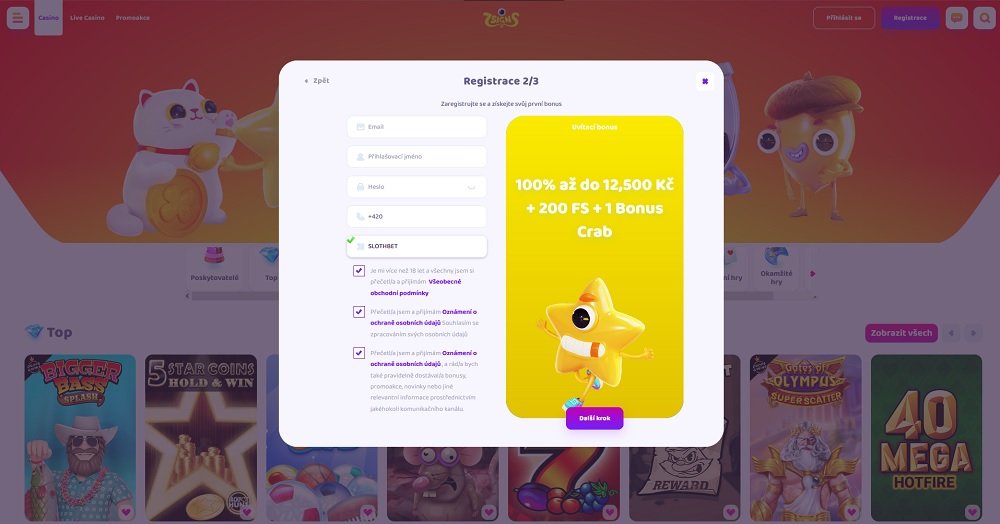 Náhled registračního formuláře platformy 7Signs s exkluzivním promokódem SLOTHBET pro 200% bonus