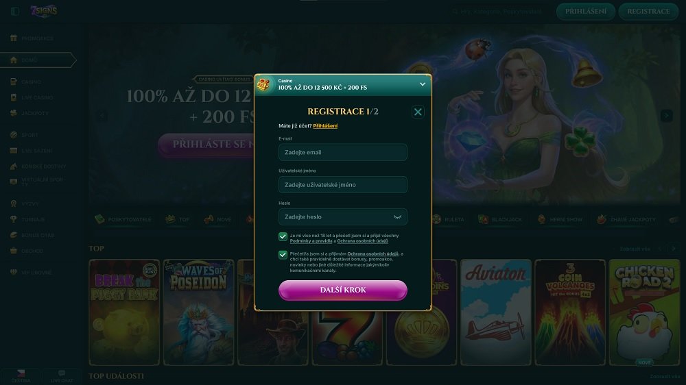 Náhled registračního formuláře v online casinu a sázkové kanceláři 7Signs
