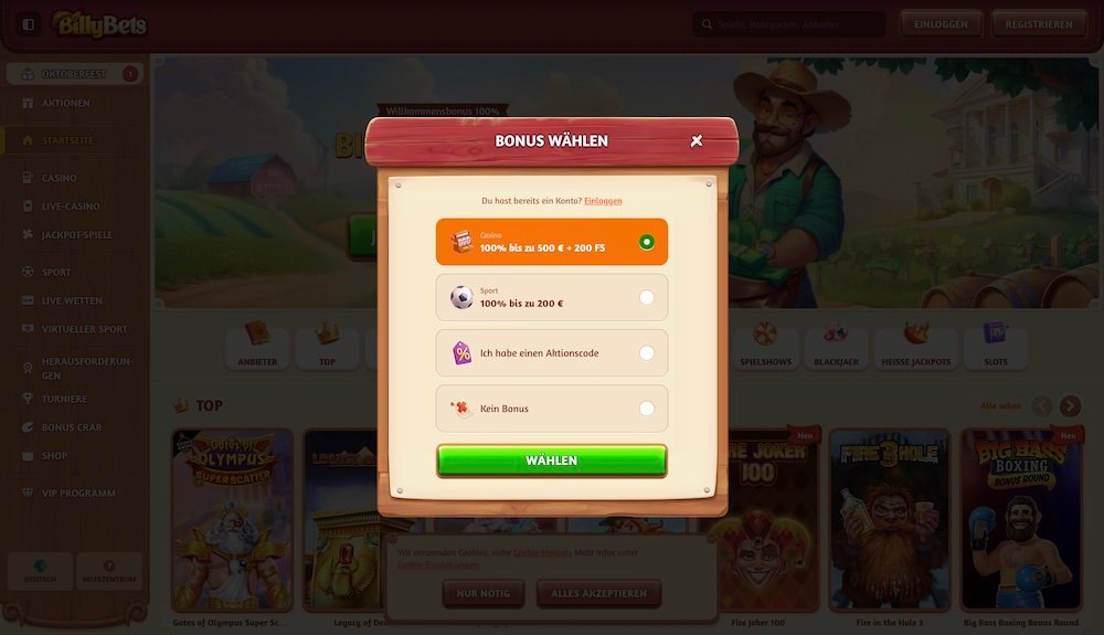 BillyBets Registrierung
