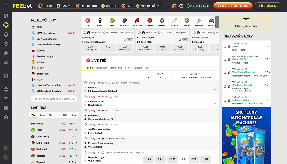 Náhled sportovní sekce v sázkové kanceláři FEZbet