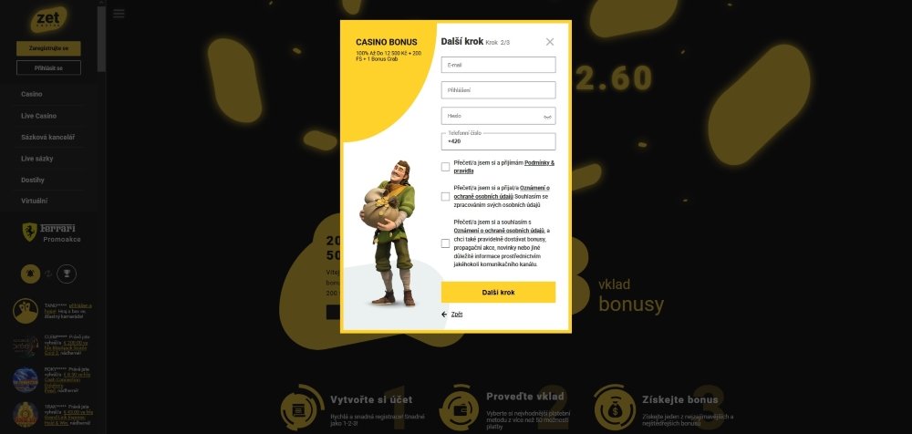 Registrační formulář online casina ZetCasino se zvoleným uvítacím bonusem