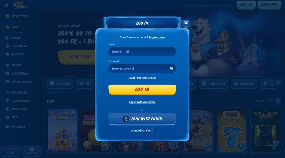 SGcasino login is quick and seamless thanks to the FunID integration