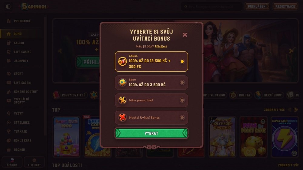 Náhled výběru vstupních bonusů při registraci v online casinu a sázkové kanceláři 5Gringos