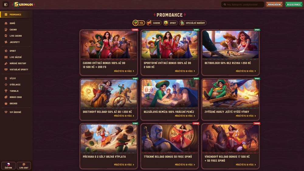 Vista previa de bonificaciones y promociones en el casino online y la casa de apuestas 5Gringos
