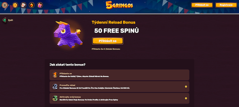 Týdenní reload bonus 50 free spinů v casinu 5Gringos