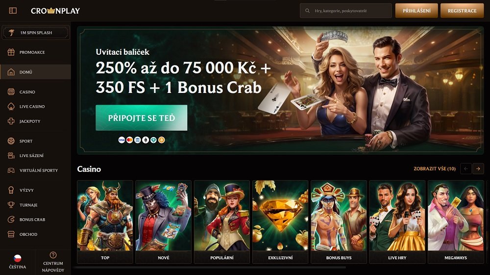 Náhled úvodní stránky online casina CrownPlay se štědrým uvítacím balíčkem