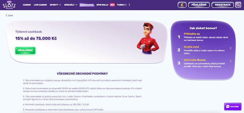Týdenní cashback v casinu SlotsPalace
