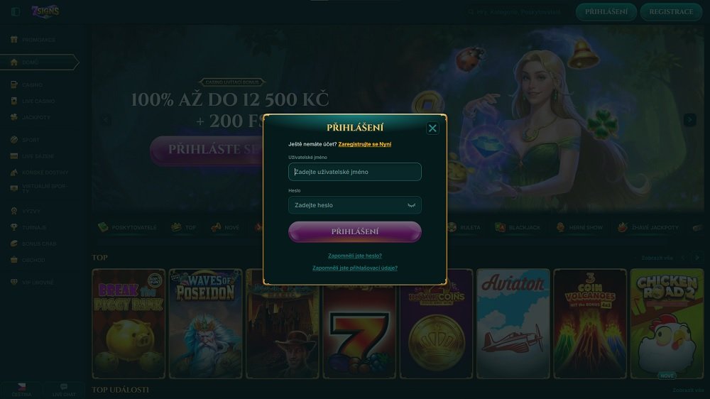 Náhled přihlašovacího formuláře v online casinu a sázkové kanceláři 7Signs