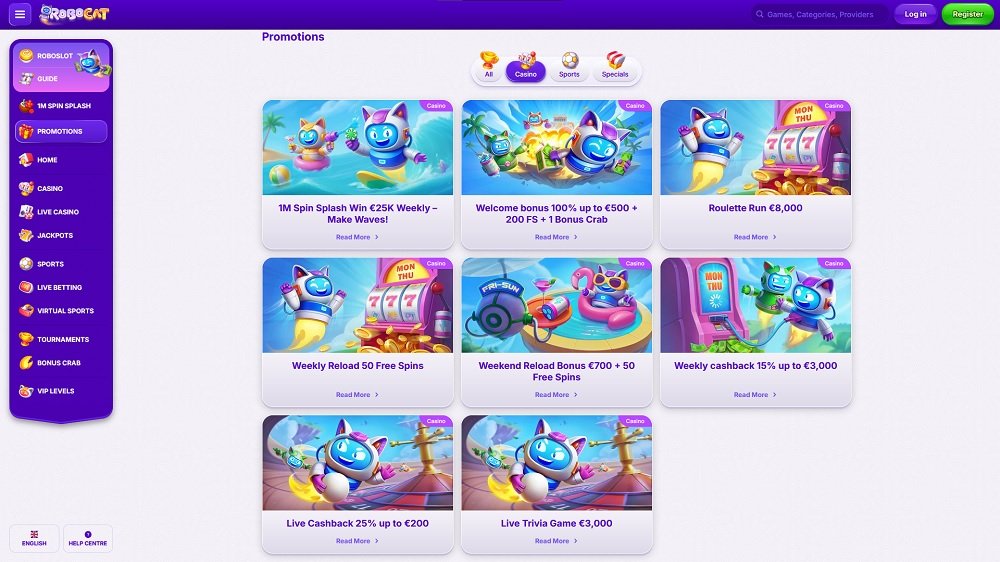 Preview of bonuses including free spins at the online casino Robocat
