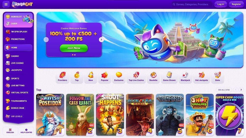 Preview of the generous welcome bonus and selection of TOP games in the online casino Robocat