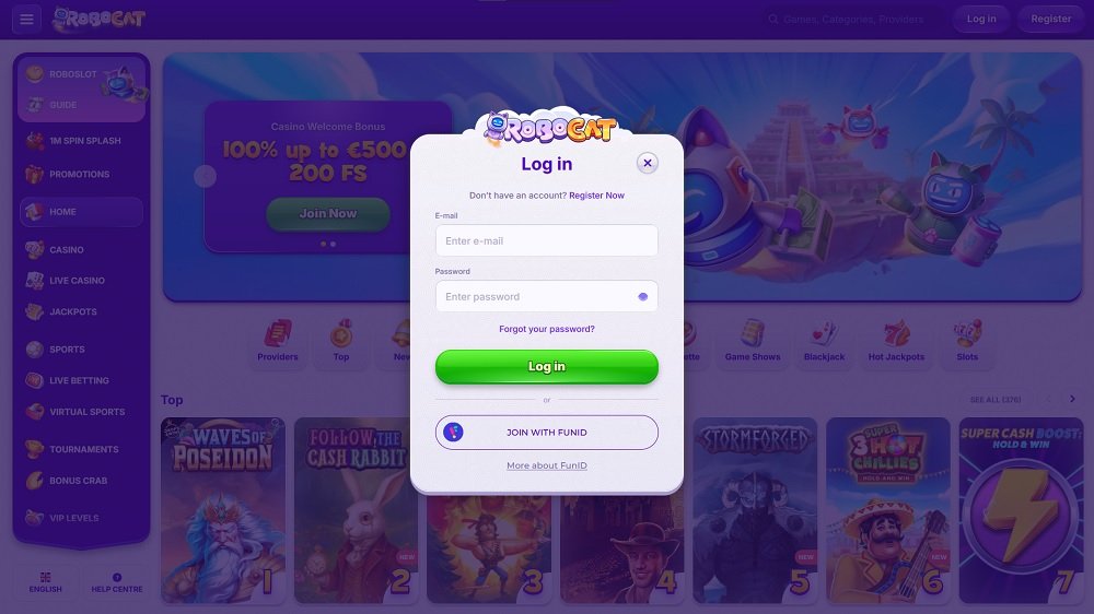 Preview of the login form at the online casino and bookmaker Robocat