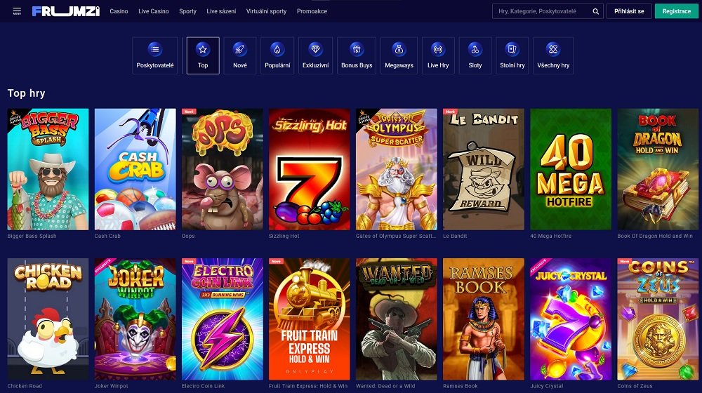 Náhled široké herní knihovny v online casinu Frumzi