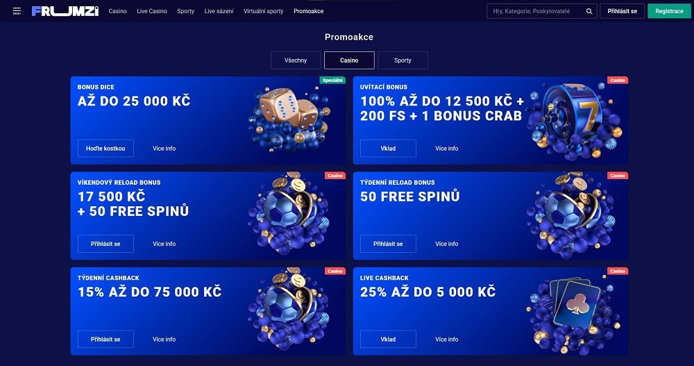 Náhled bonusů a promoakcí s free spiny v online casinu Frumzi