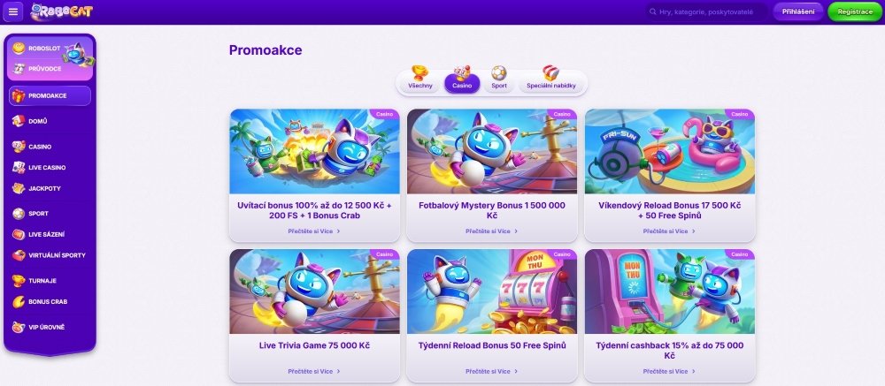 Ukázka bonusů obsahující free spiny v online casinu Robocat