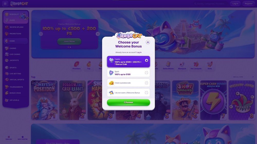 Preview of the registration form at Robocat online casinu and bookmaker