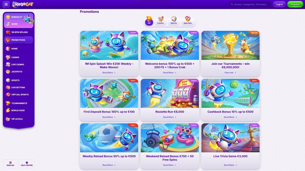 Preview of the wide selection of bonuses for new and existing players at the online casino Robocat
