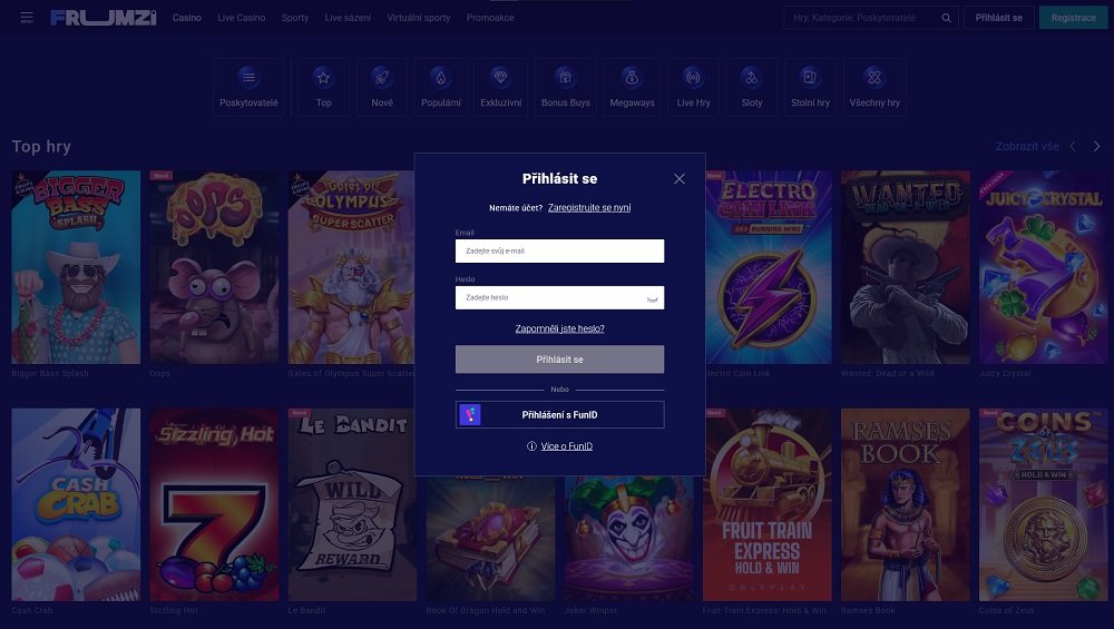 Náhled přihlašovacího formuláře platformy Frumzi