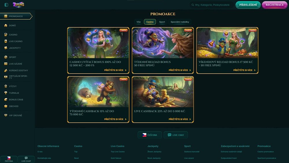Náhled bonusů a promoakcí s free spiny v online casinu 7Signs
