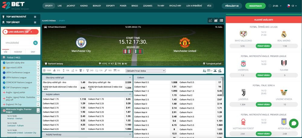 Sázení na počet branek ve fotbale v sázkové kanceláři 22BET