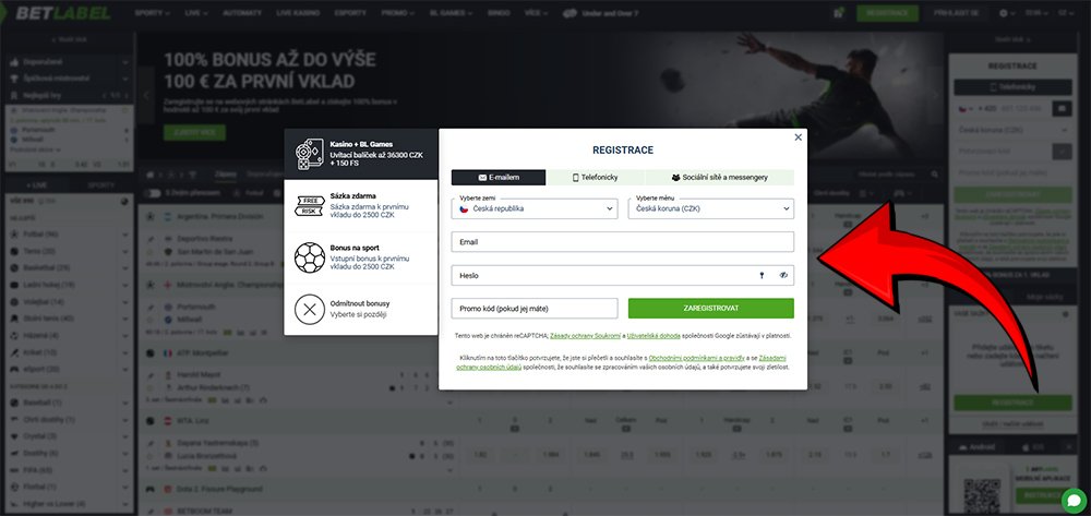 BetLabel – registrační formulář