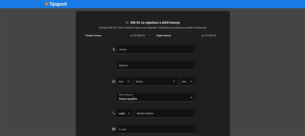 Tipsport registrační formulář