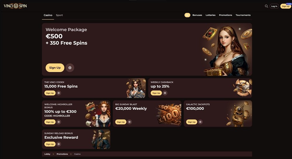Preview of the bonuses and promotions at Vinci Spin casino