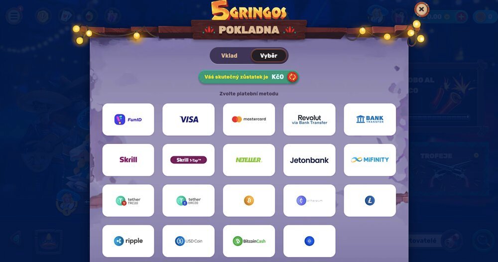 Možnosti výběru peněz v casinu 5Gringos