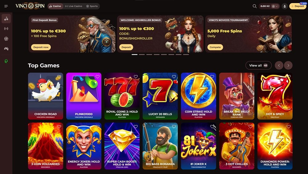 Preview of the landing page at Vinci Spin casino