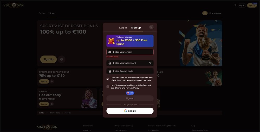 Preview of the registration form with the input field for a promo code at Vinci Spin casino