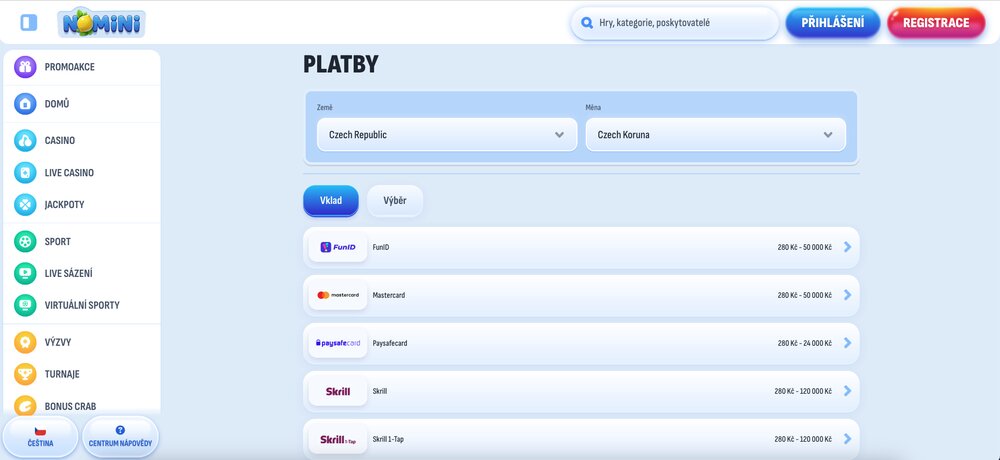 Nabídka platebních metod v Nomini