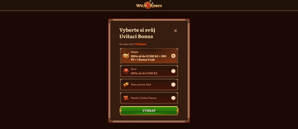 Registrační okno casina Wild Robin