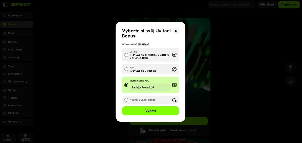 Pole pro zadání promo kódu v casinu Spinit