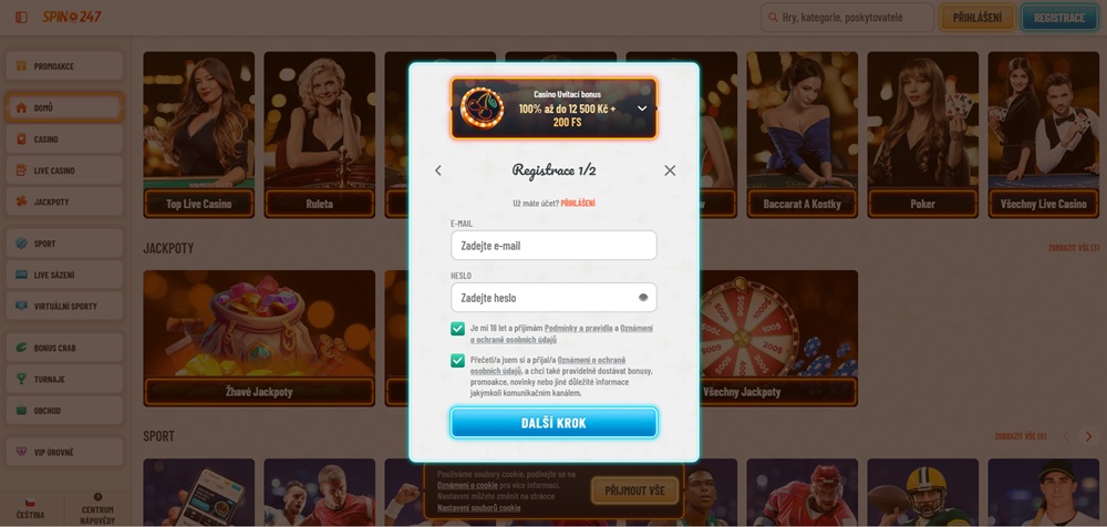 Okno pro registraci v casinu Spin247